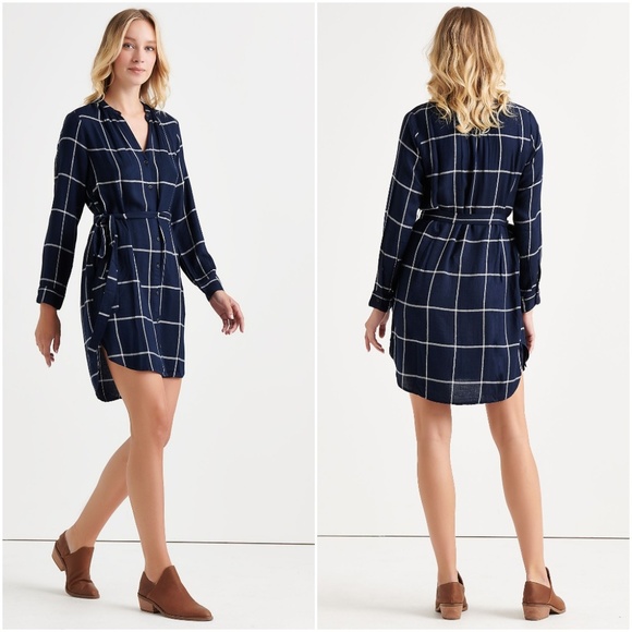 Lucky Brand Dresses & Skirts - Lucky Brand Navy Blue White Plaid Tie Shirt Dress